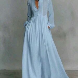 Flowing Light Blue Long Sleeve Maxi Dress